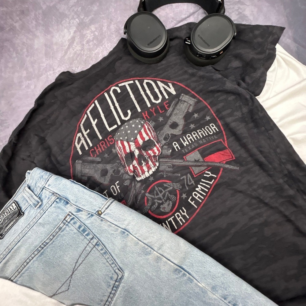 Affliction Chris Kyle American Sniper Camo T-Shirt Mens XL Black Burnout Grunge - Picture 8 of 8